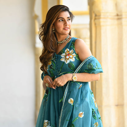Sakhi Fashions Ocean Floral Handpainted Organza Suit