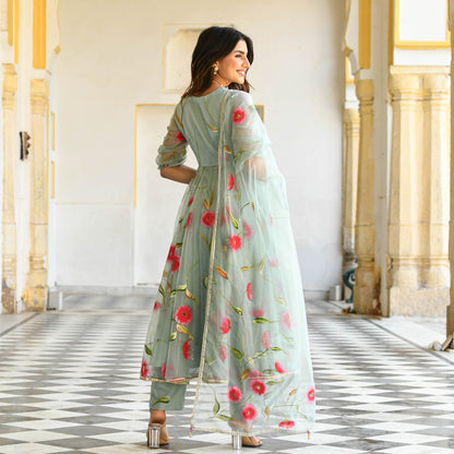 Sakhi Fashions Pista Floral Handpainted Organza Suit