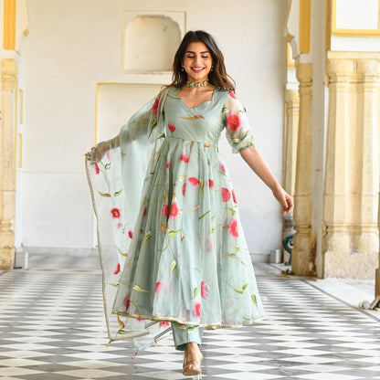Sakhi Fashions Pista Floral Handpainted Organza Suit