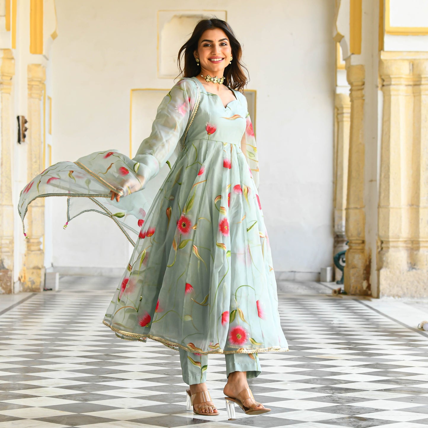Sakhi Fashions Pista Floral Handpainted Organza Suit