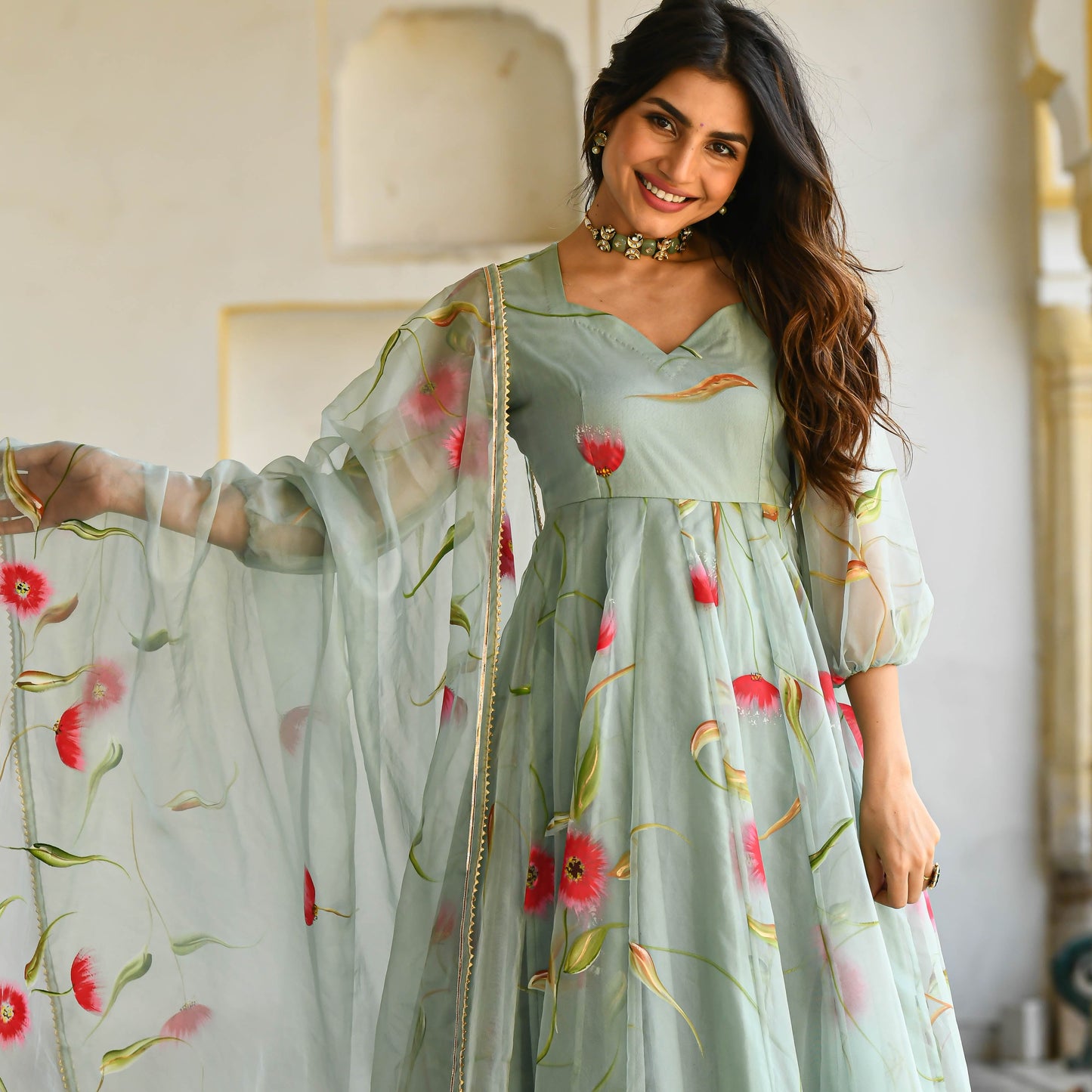 Sakhi Fashions Pista Floral Handpainted Organza Suit