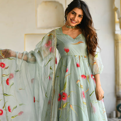 Sakhi Fashions Pista Floral Handpainted Organza Suit