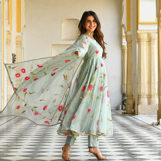 Sakhi Fashions Pista Floral Handpainted Organza Suit