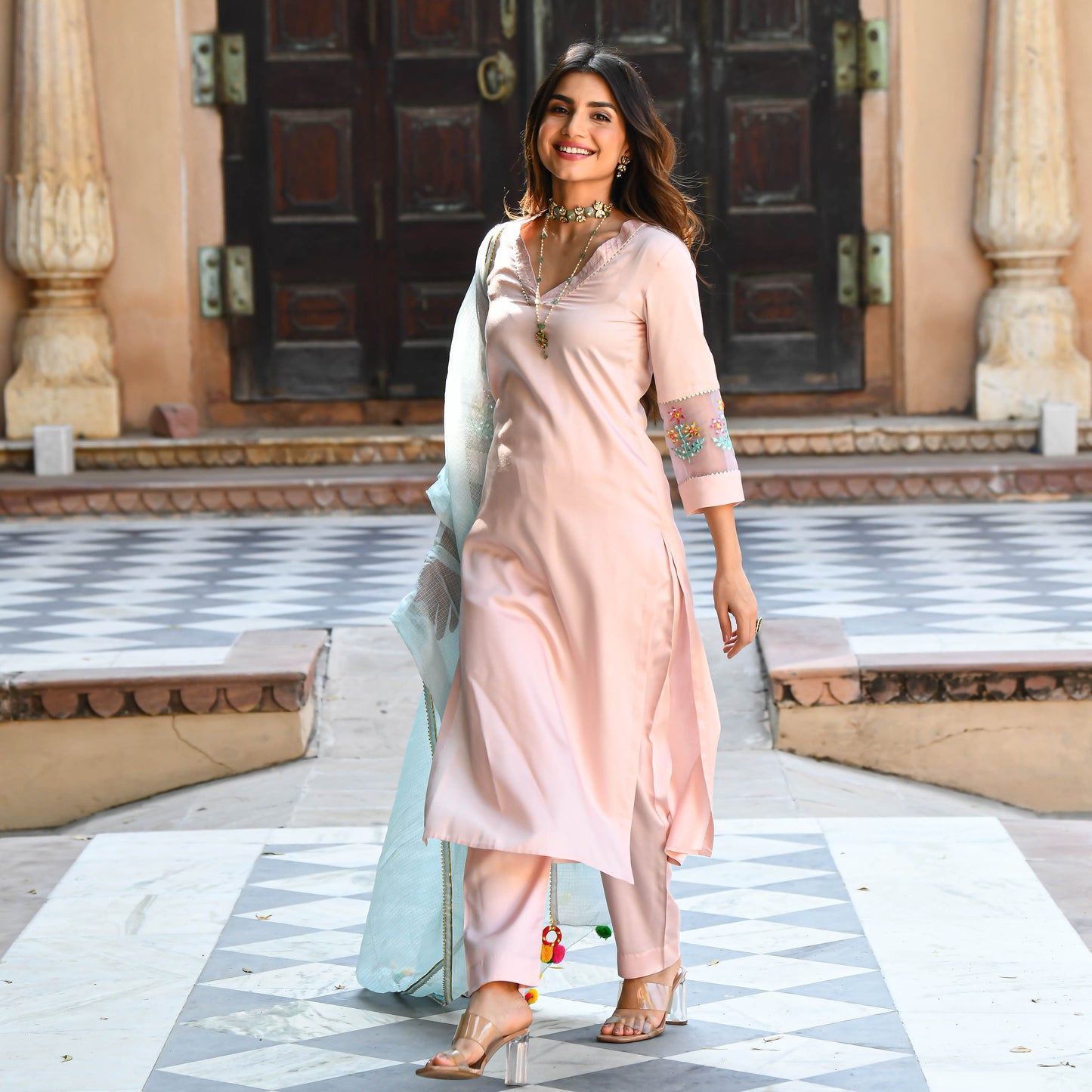 Baby Blue Pink Embroidered Salwar Suit