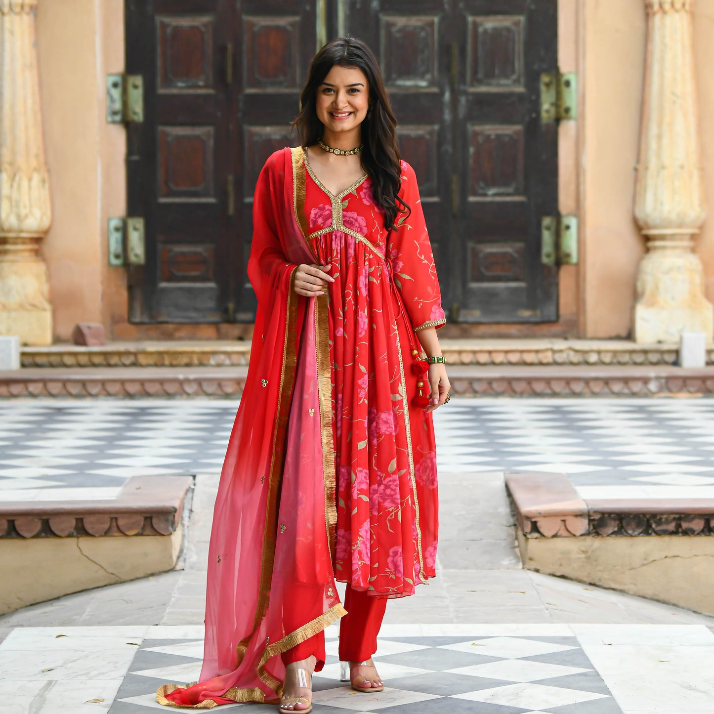 Sakhi Fashions Bright Red Floral Print Salwar Suit
