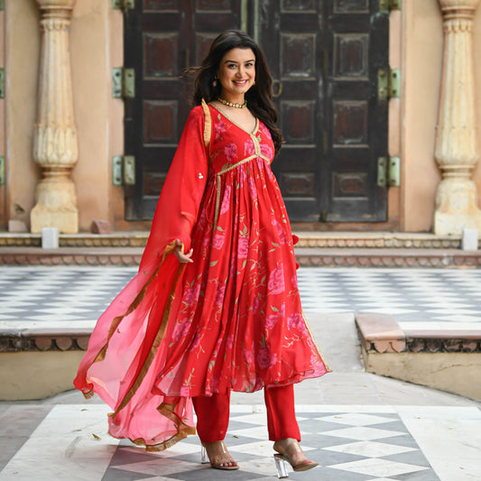 Sakhi Fashions Bright Red Floral Print Salwar Suit