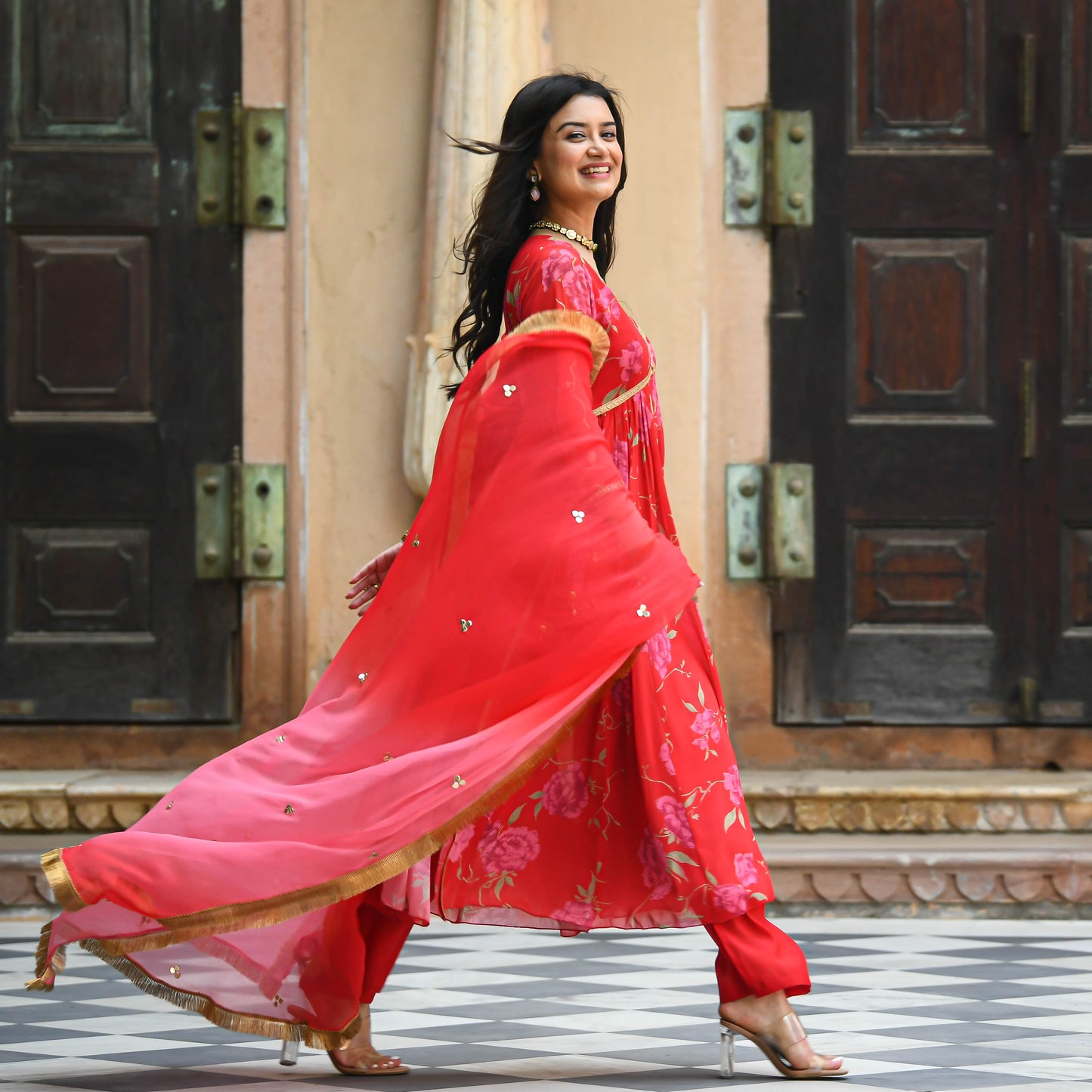 Sakhi Fashions Bright Red Floral Print Salwar Suit