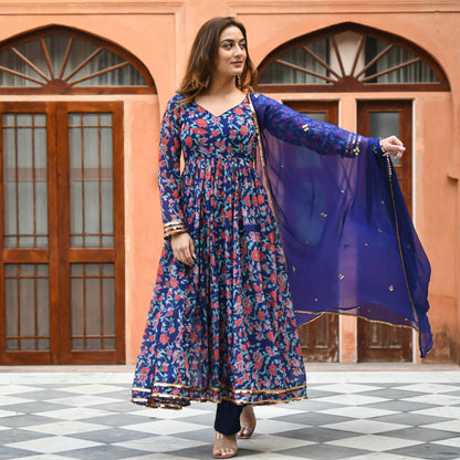 Deep Blue Floral Print Salwar Suit