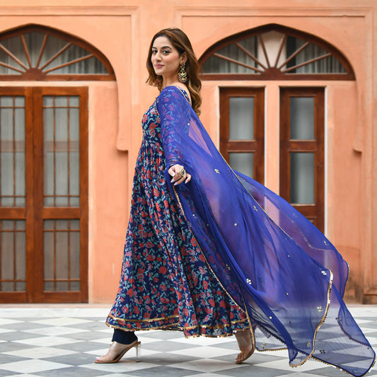 Deep Blue Floral Print Salwar Suit