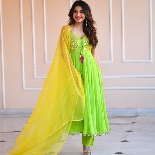 Sakhi Fashions Yellow Green Mirror Work Suit Set
