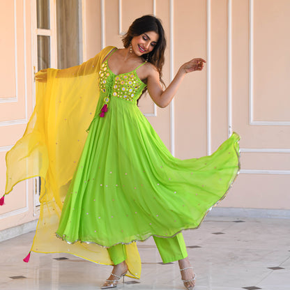 Sakhi Fashions Yellow Green Mirror Work Suit Set