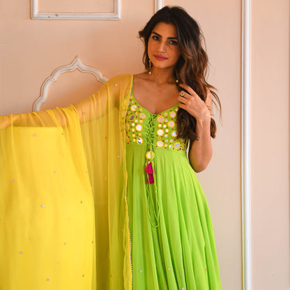 Sakhi Fashions Yellow Green Mirror Work Suit Set
