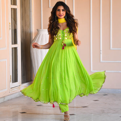Sakhi Fashions Yellow Green Mirror Work Suit Set