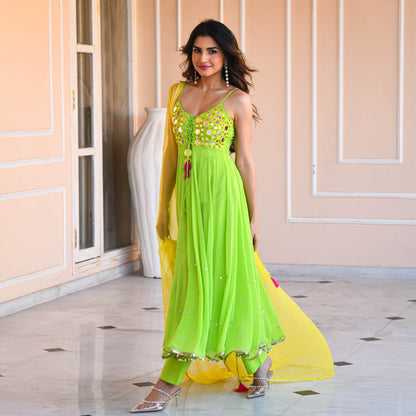 Sakhi Fashions Yellow Green Mirror Work Suit Set