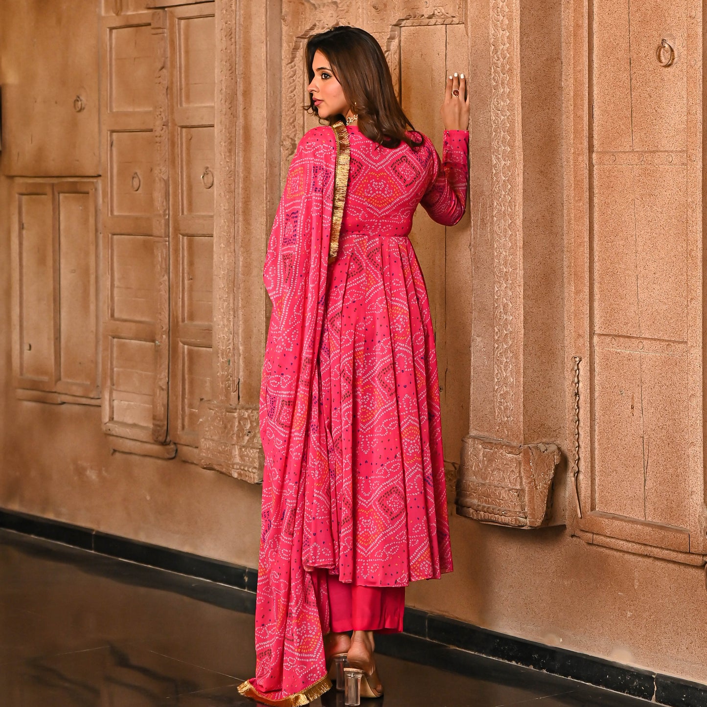 Sakhi Fashions Pink Bandhej Print Georgette Salwar Suit