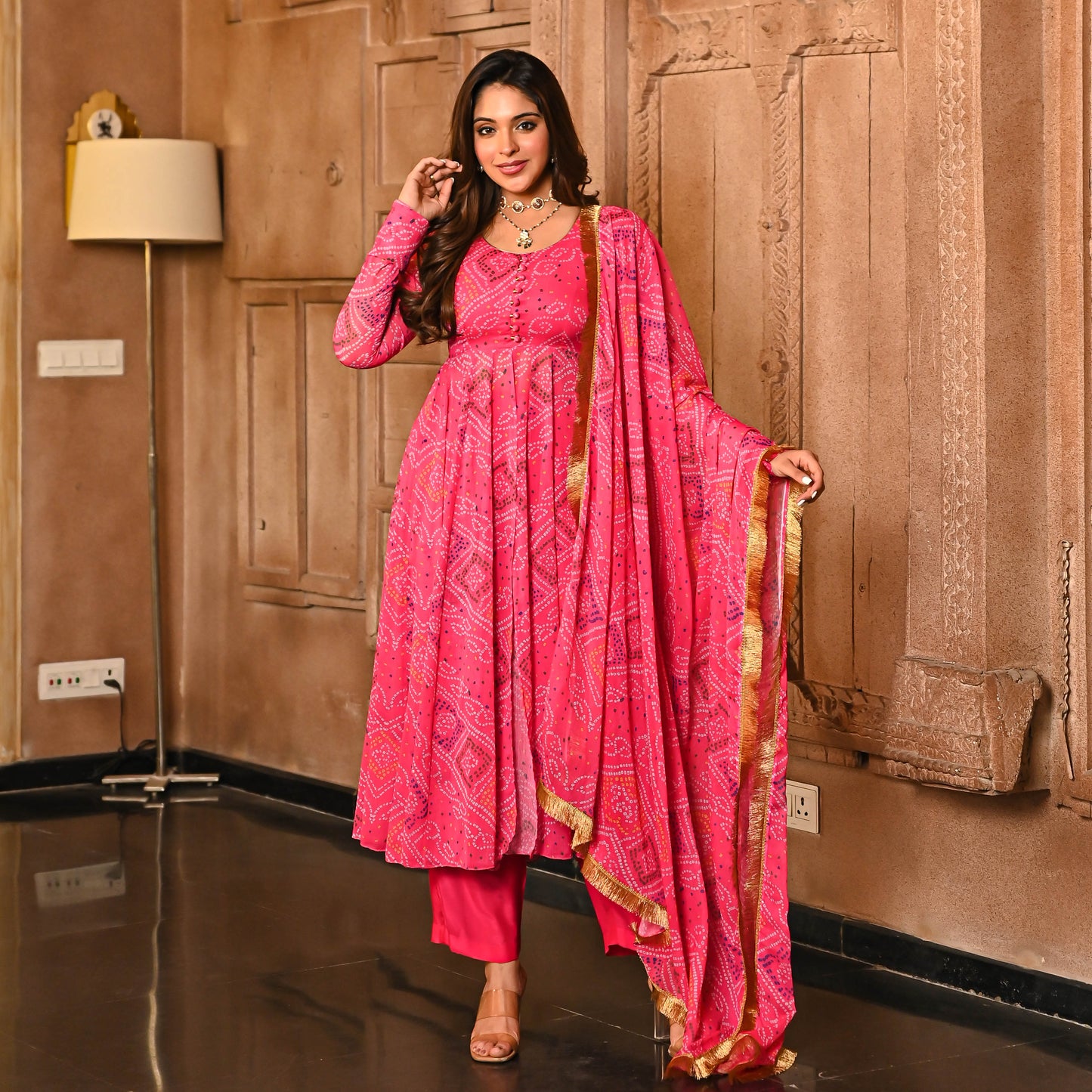 Sakhi Fashions Pink Bandhej Print Georgette Salwar Suit