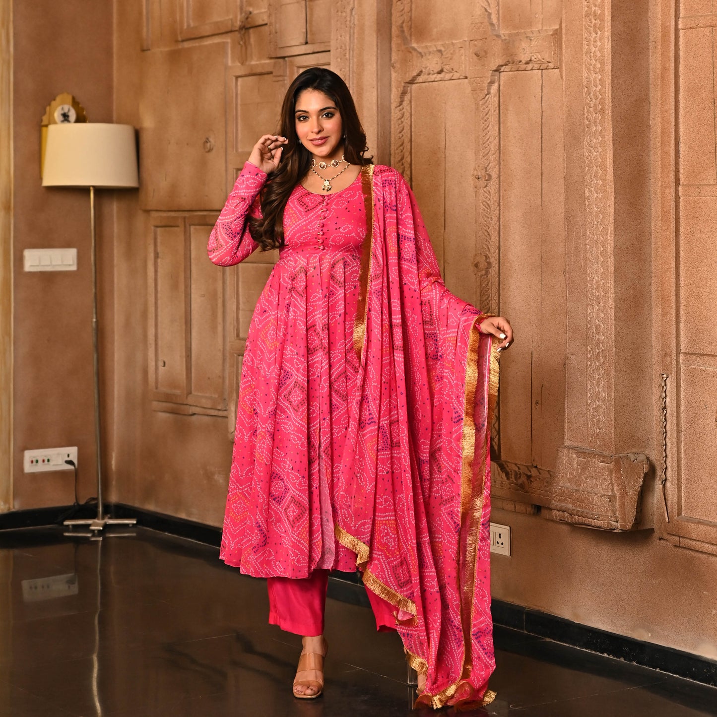 Sakhi Fashions Pink Bandhej Print Georgette Salwar Suit