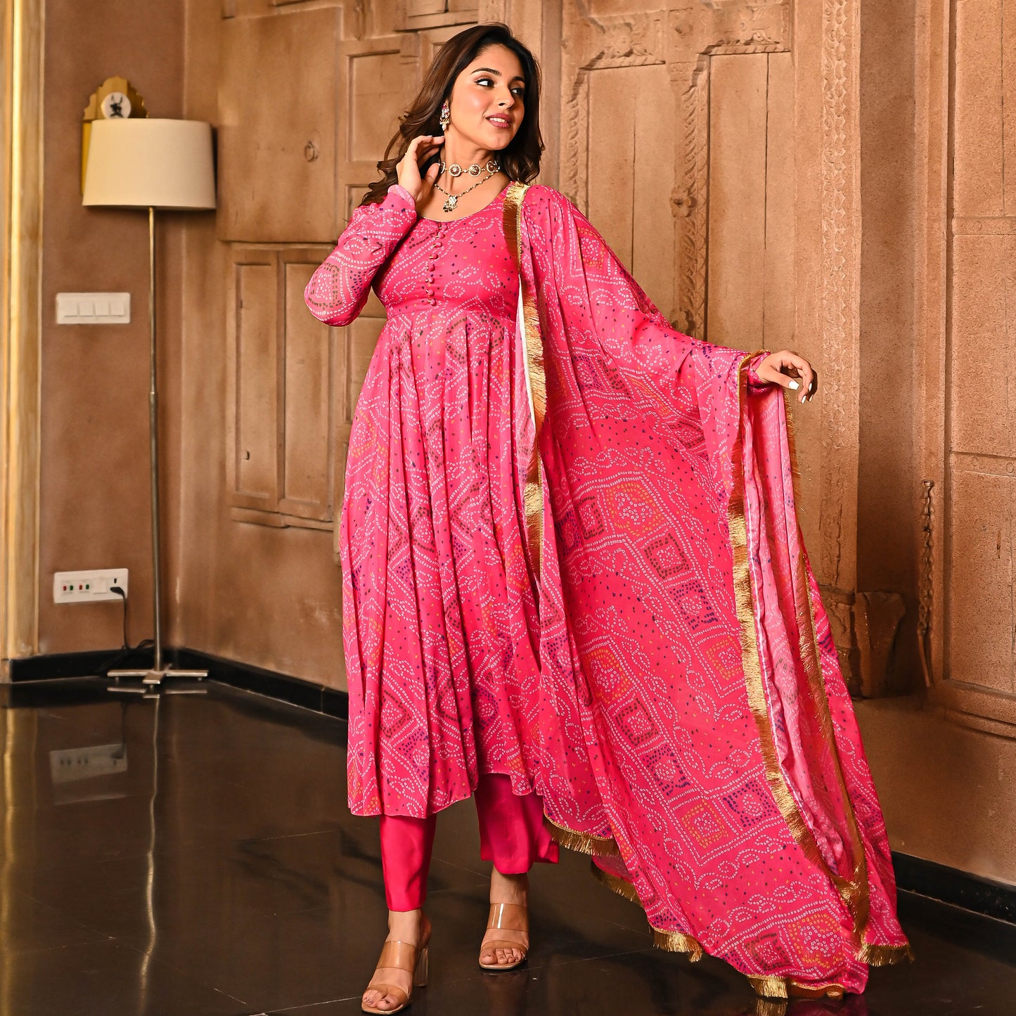 Sakhi Fashions Pink Bandhej Print Georgette Salwar Suit