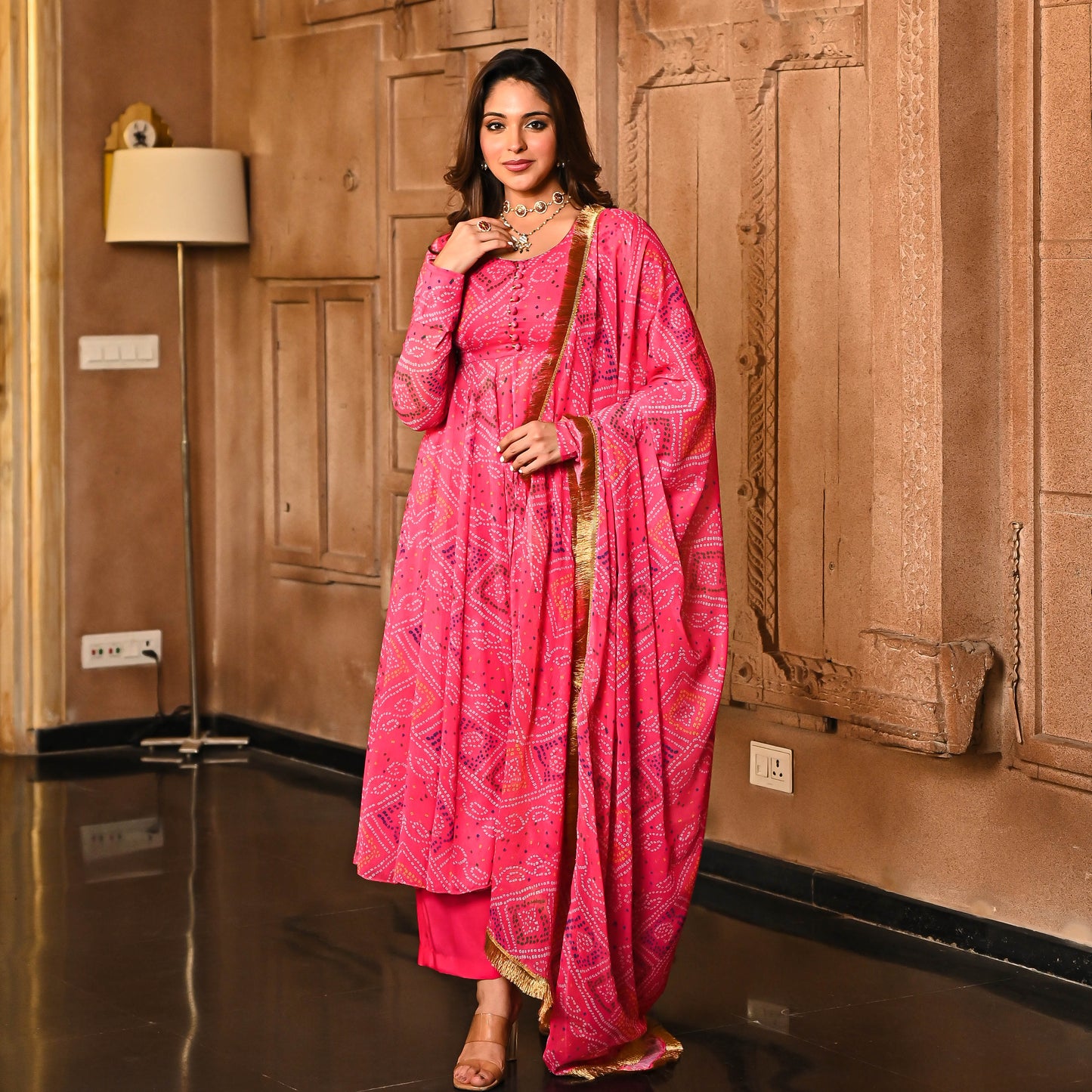 Sakhi Fashions Pink Bandhej Print Georgette Salwar Suit