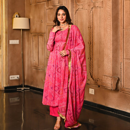 Sakhi Fashions Pink Bandhej Print Georgette Salwar Suit