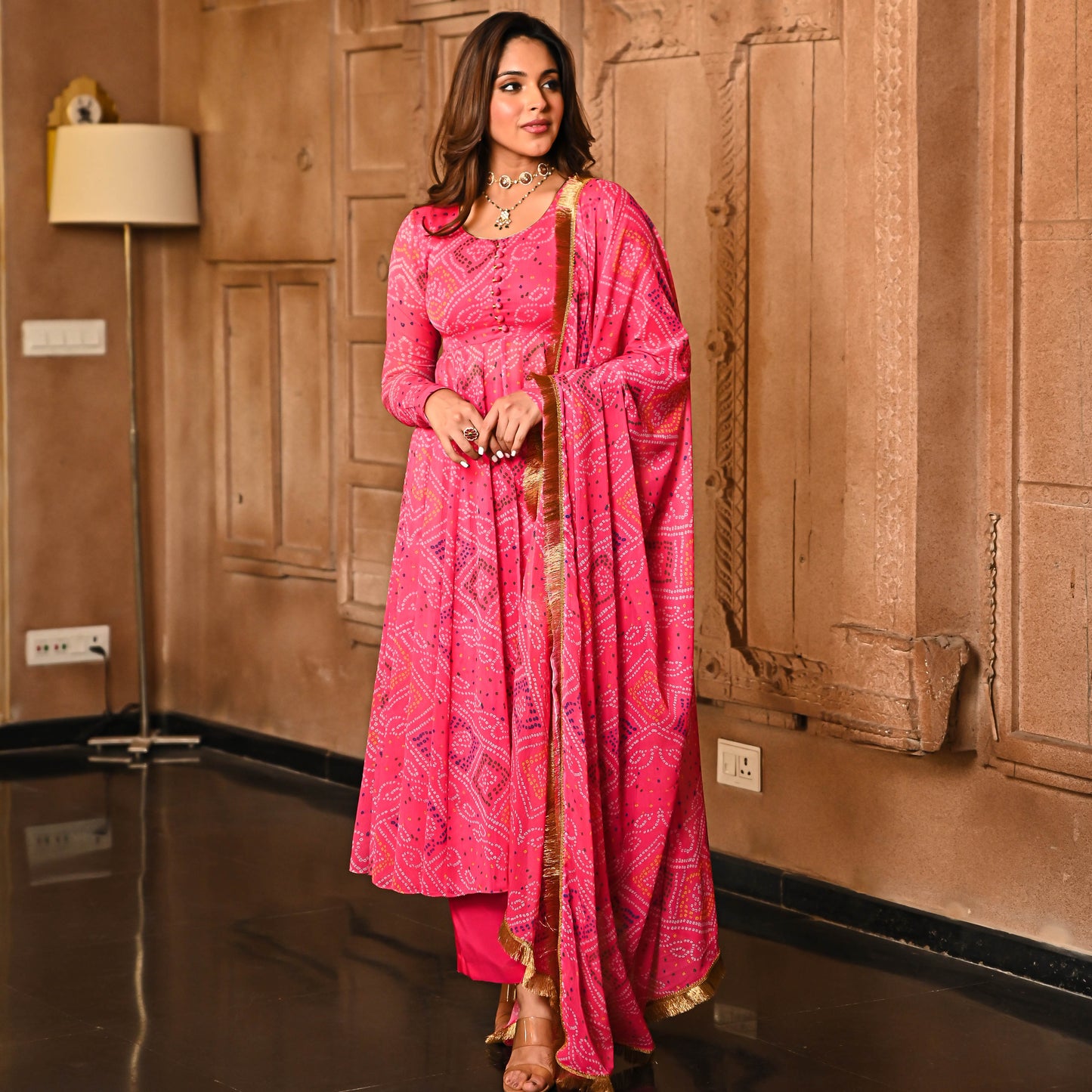 Sakhi Fashions Pink Bandhej Print Georgette Salwar Suit