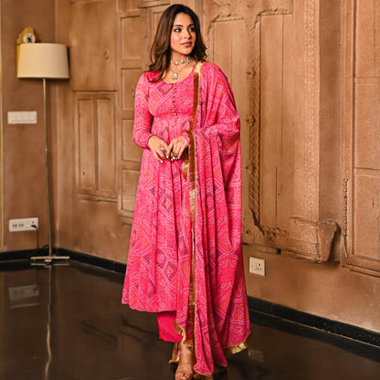 Sakhi Fashions Pink Bandhej Print Georgette Salwar Suit