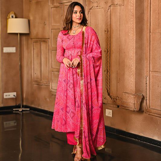 Sakhi Fashions Pink Bandhej Print Georgette Salwar Suit