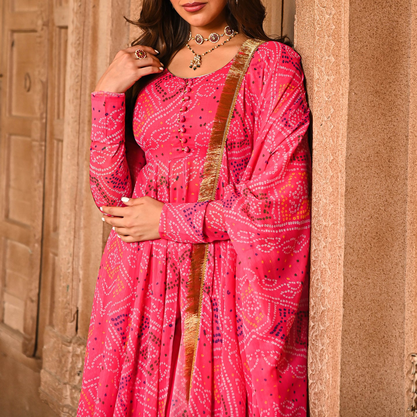Sakhi Fashions Pink Bandhej Print Georgette Salwar Suit