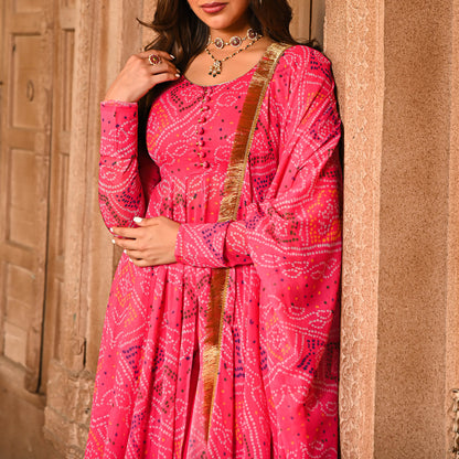 Sakhi Fashions Pink Bandhej Print Georgette Salwar Suit