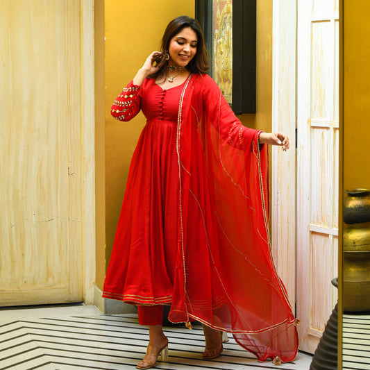 Red Mirror Work Suit Set