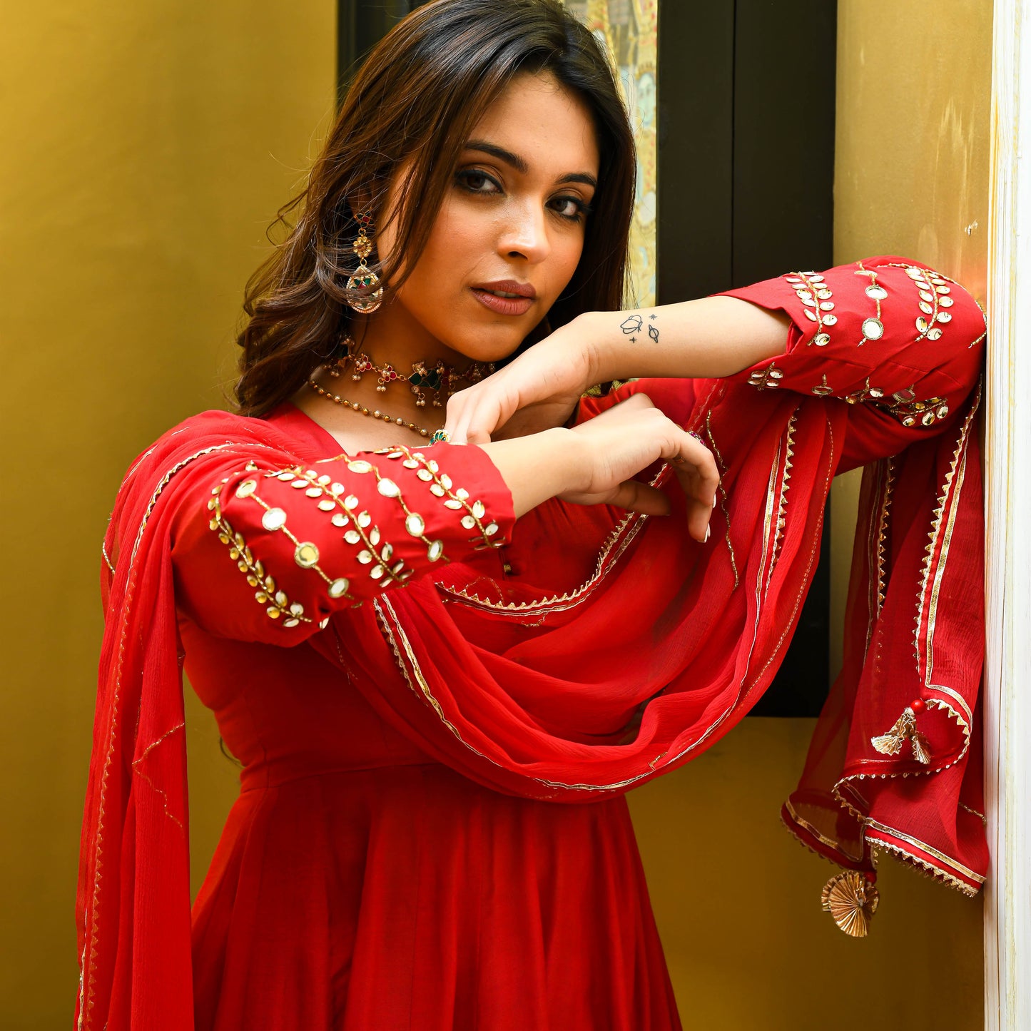Red Mirror Work Suit Set