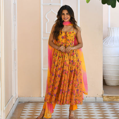 Yellow Floral Print Georgette Salwar Suit