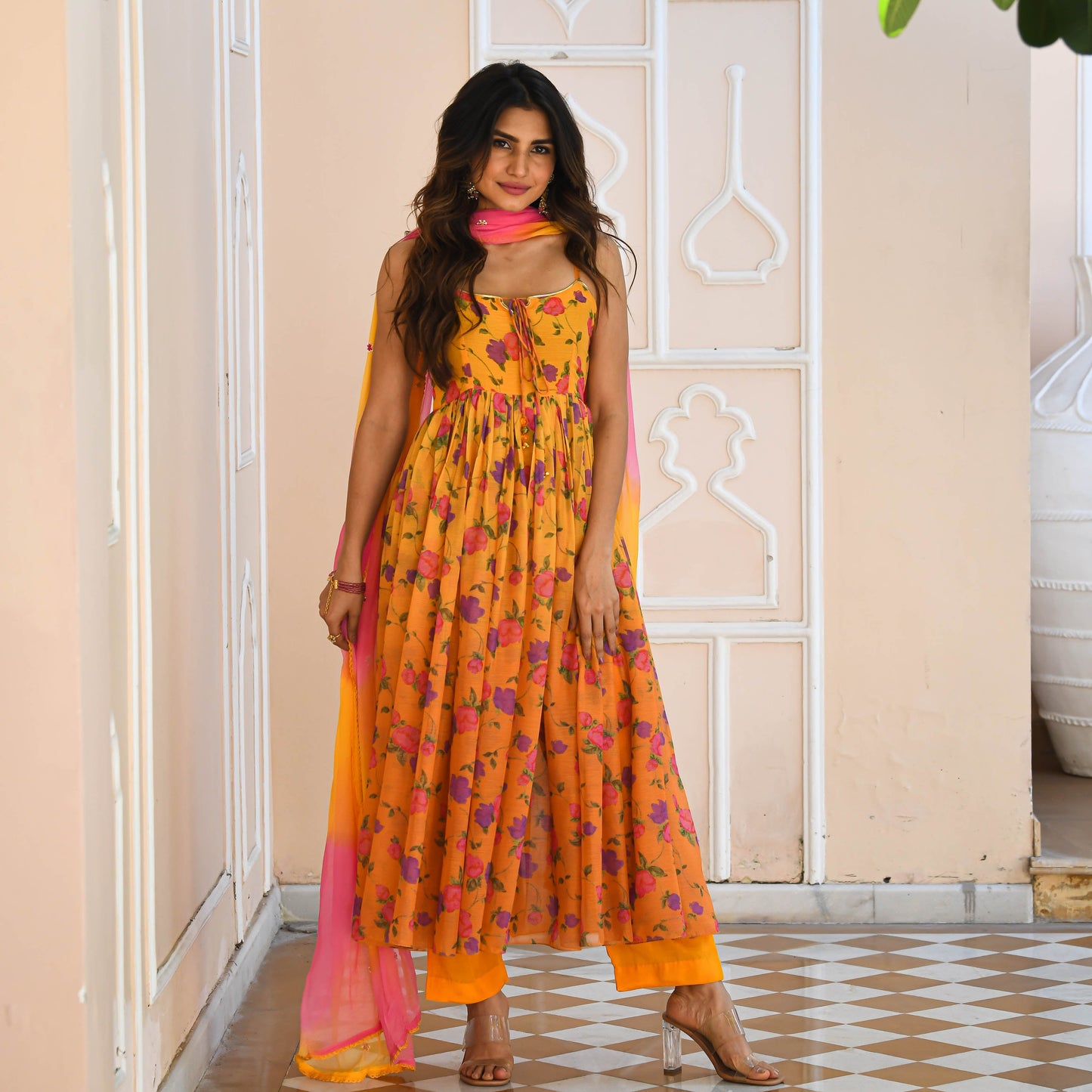 Yellow Floral Print Georgette Salwar Suit