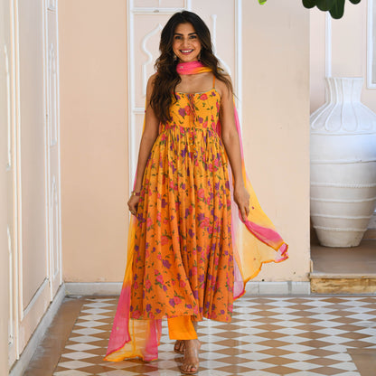 Yellow Floral Print Georgette Salwar Suit