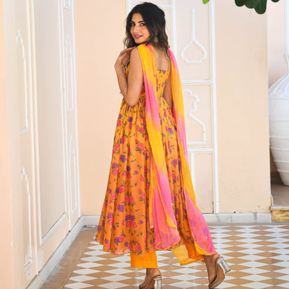 Yellow Floral Print Georgette Salwar Suit