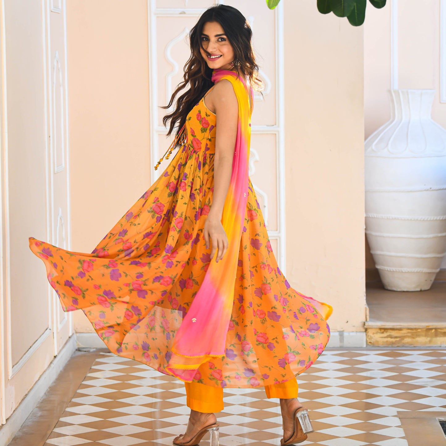 Yellow Floral Print Georgette Salwar Suit
