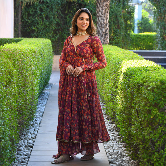 Maroon Floral Print Georgette Salwar Suit